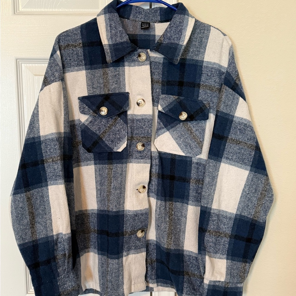 Blue and White Plaid Button Up Jacket (Large)